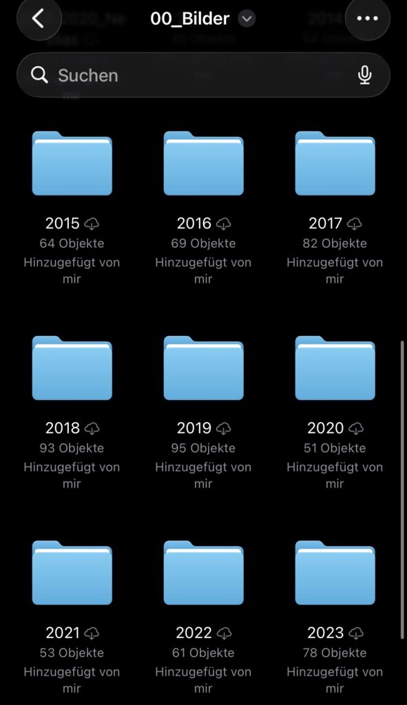 digitales Album mit Fotos, nach Jahren sortiert, einheitlich beschriftet