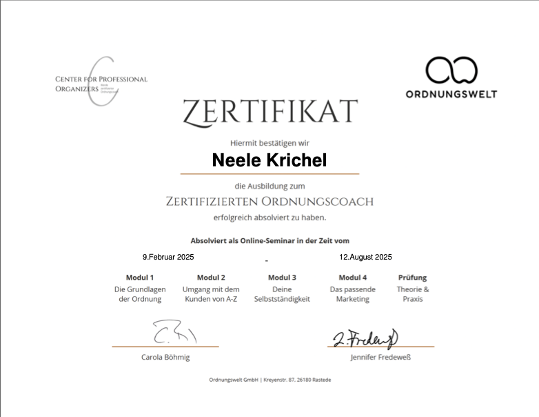 Zertifikat, Zertifizierter Ordnungscoach, Center for Professional Organizers